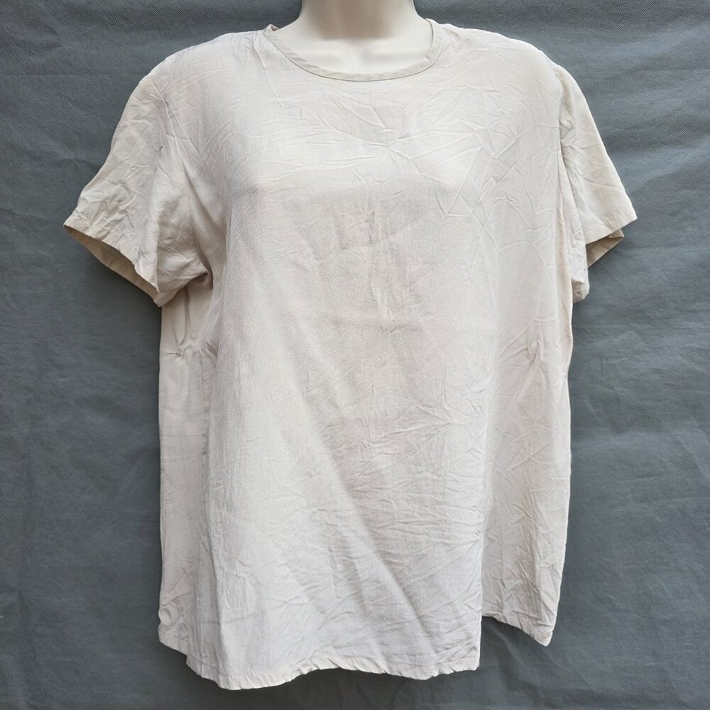 Neimam Marcus Beige Tan Size M 100% Silk Short Sleeve Blouse Shirt Top